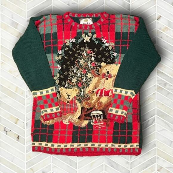 Vintage Sweaters - Vintage Womens Tiara Christmas Sweater Medium Oversized Knit Plaid Teddy Bear